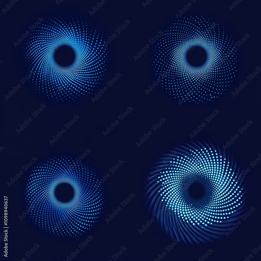 Poster blue abstract spirals minimalist design with geometric patterns and digital art on dark background