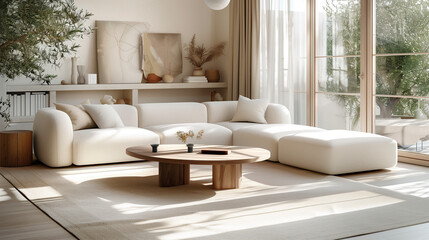 Minimalist interior design of modern living room, beige and white tones