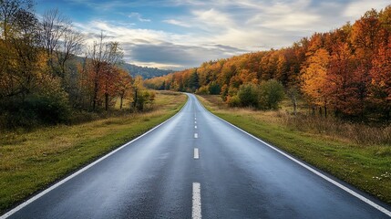Fototapeta premium Asphalt Road Through Autumn Forest