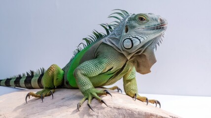 Obraz premium Green iguana basking on a rock under bright light.