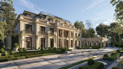 Obraz premium Luxurious mansion with a grand entrance and landscaped grounds, capturing opulence and elegance