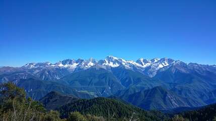 Obraz premium A panoramic view of snow-capped mountains with green forests in the foreground, under a clear blue sky.