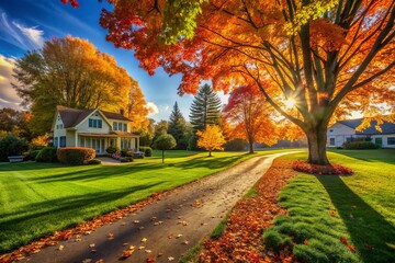 "Vibrant Autumn Landscape: Sunlit Green Grass Blanketed with Bright Maple Leaves, Showcasing Rural Lawn Care and the Tranquility of Nature on a Sunny Day"