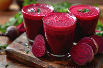 three glasses of freshly squeezed beet juice placed on a wooden surface.  
