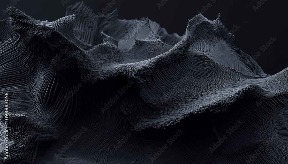 Poster intricate abstract digital art with detailed wave patterns on black futuristic background