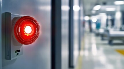 Fototapeta premium Hospital fire alarm system with red flashing light, urgent safety measures in healthcare environment, medical equipment and hospital beds nearby.