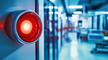 Fototapeta premium Hospital fire alarm system with red flashing light, urgent safety measures in healthcare environment, medical equipment and hospital beds nearby.