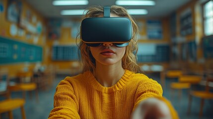 A person wearing a virtual reality headset in a classroom setting, reaching out with a hand.