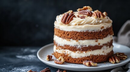 A delectable layered cake topped with pecans and frosting.