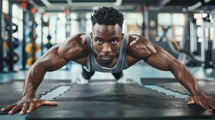 Man doing push-ups on a gym mat, highlighting core strength and fitness