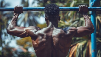 Man doing pull-ups on a bar, showcasing upper body strength and endurance