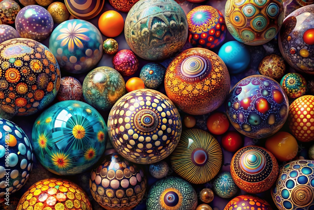 Poster abstract pattern featuring spheres in diverse designs and textures for modern art and design project