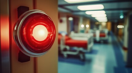 Fototapeta premium Hospital fire alarm system with red flashing light, urgent safety measures in healthcare environment, medical equipment and hospital beds nearby.