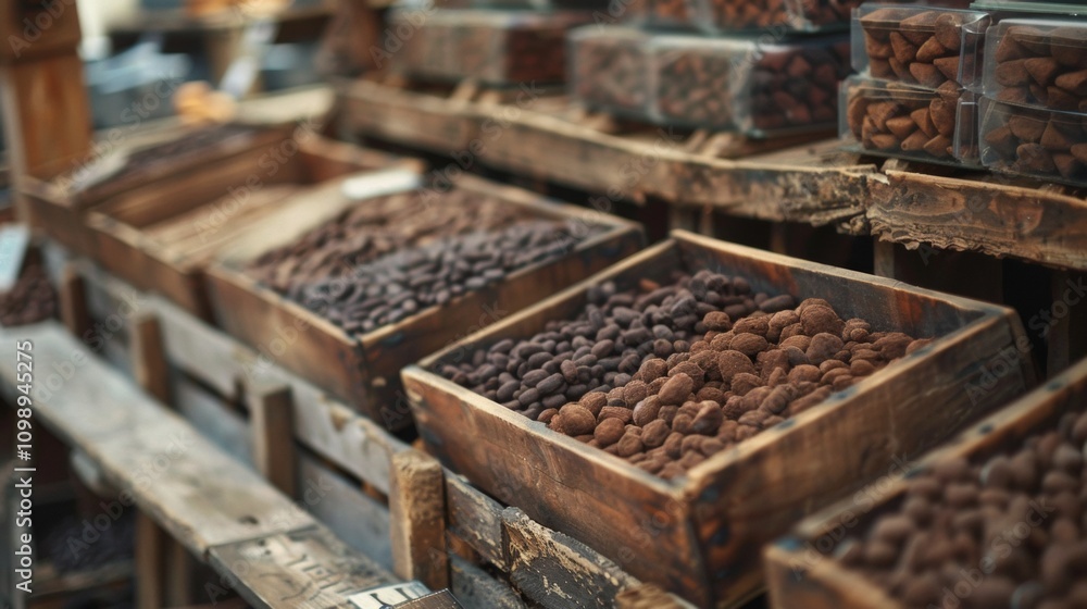 Poster wooden crates filled with assorted cocoa beans in a market setting