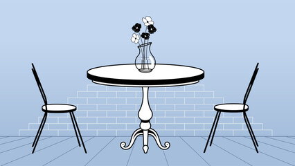 A round table with vase of flowers in center, flanked by two chairs. Black and white design with light blue background, minimalism. Cafe or restaurant, inside view. Interior, furniture, modern decor.