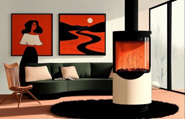 Modern Living Room with Wood Burning Stove Cozy Winter Design