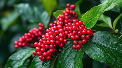 Close-up image of juicy red berries on a green bush