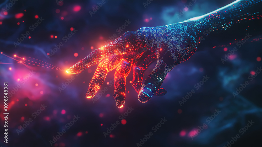Poster robot and human hands connecting in a big data network showcasing