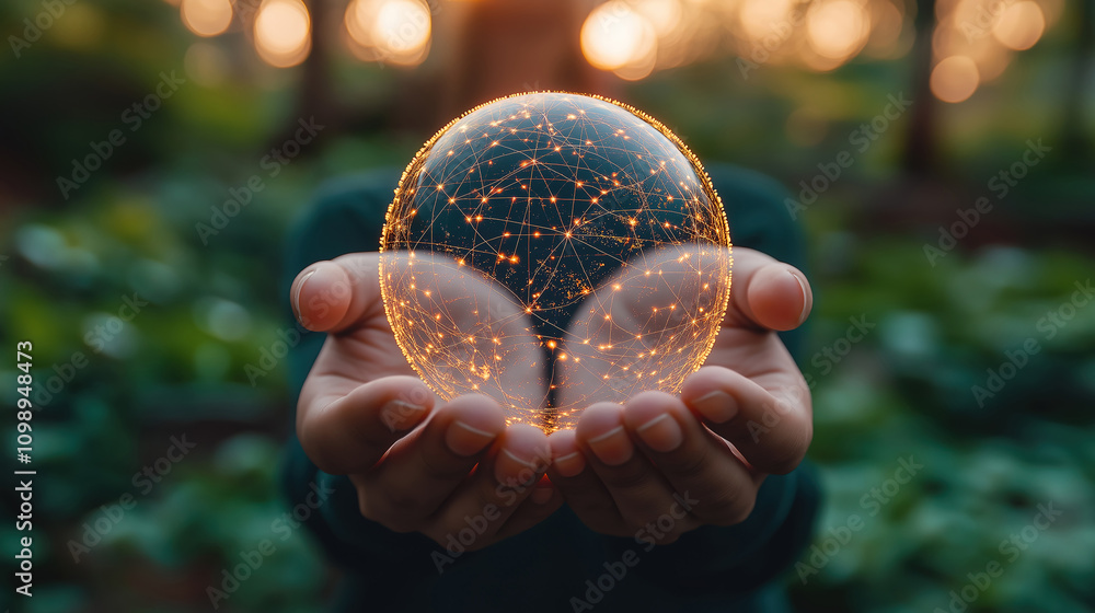 Poster global network and data connection held by hands against a serene nature background for harmony