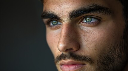 Fototapeta premium Close-up portrait of a man with green eyes looking to the side.