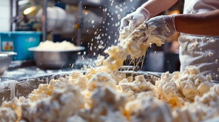 A Baker's Delight: Mixing Dough with Care and Precision in a Bustling Kitchen Environment