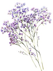 Fototapeta premium Watercolor Purple Gypsophila Isolated on White Background. Beautiful Gypsophila Flower