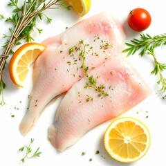 Fresh fish, raw cod fillets with addition of herbs and lemon isolated on the white