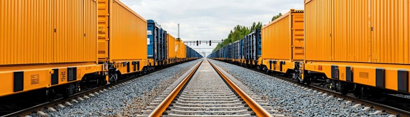 Fototapeta premium A panoramic view of railway tracks lined with vibrant orange freight containers under a cloudy sky.