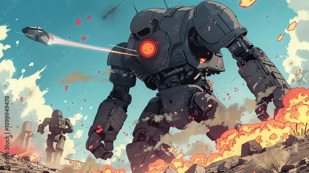 Poster a large, armored robot stands amidst explosions and debris, while a smaller robot walks in the backg