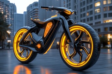 Obraz premium A 3D-rendered bicycle in a futuristic setting, with a glowing cityscape backdrop and sleek metallic details