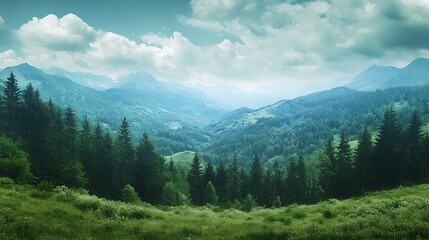 Obraz premium Mountain Landscape with Green Valley and Coniferous Forest