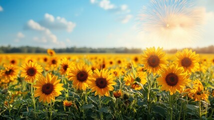 Obraz premium A vibrant field of sunflowers under a clear blue sky, with a hint of sparkle.