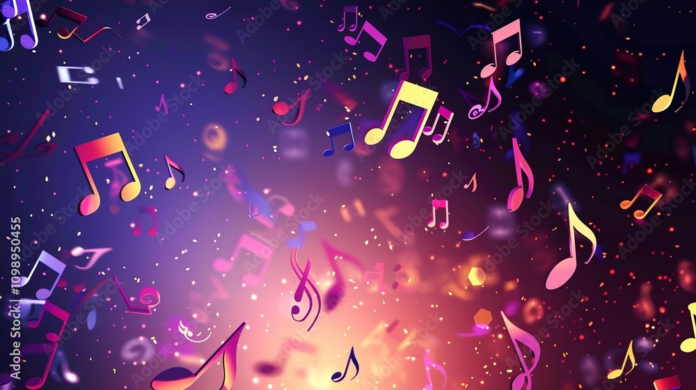 Poster a colorful background with musical notes floating in the air.