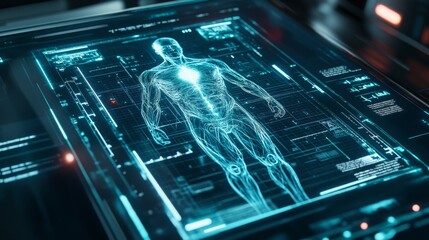 A futuristic medical device scanning a patient's body, with holographic displays, Sci-Fi style