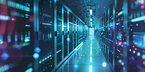 Fototapeta premium Server Room with Glowing Lights and Digital Particles, Advanced Data Center for Cloud Computing