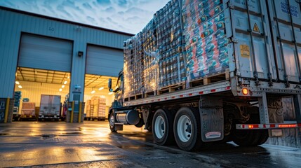 Naklejka premium Truck Loaded with Food Products Prepares for Delivery at Dusk in an Industrial Setting