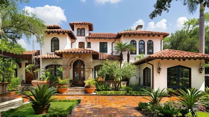 Obraz premium Mediterranean-style villa with terracotta tiles and a lush garden, emphasizing warmth and elegance