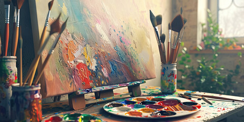 The Artist's Inspiration: Desk with a palette of paintbrushes, a canvas, and a paint-splattered easel.