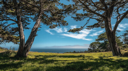 Fototapeta premium Ocean view from a tranquil meadow framed by tall trees on a sunny day