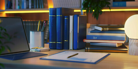 Naklejka premium The Entrepreneur's Lair: Desk with a tablet, business books, and a planner.