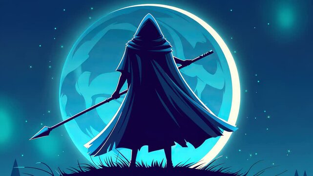 Captivating D illustration of a wanderer girl with a spear in a blue hood, standing in a dynamic pose on grass.