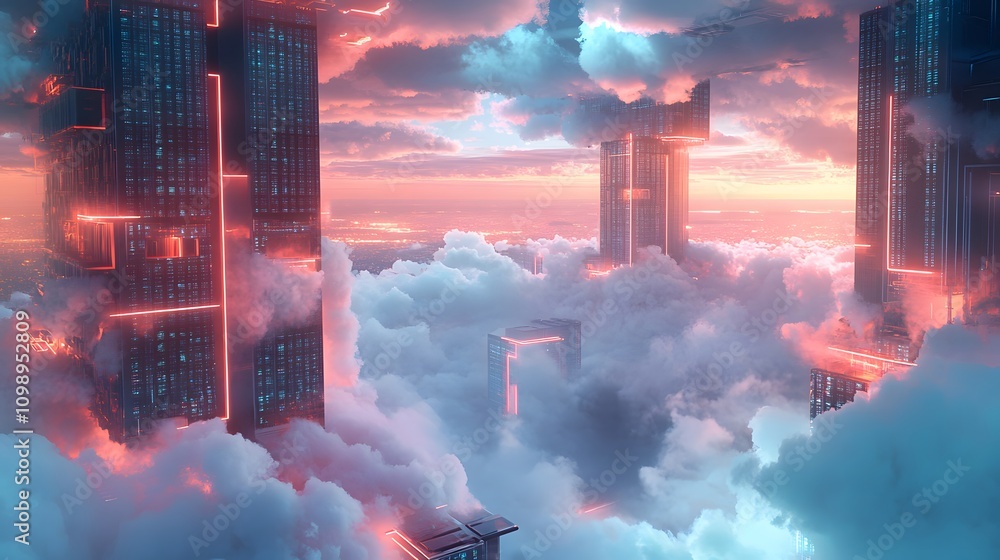 Poster virtualization: an image of virtual servers, storage units, and networks materializing within a vast