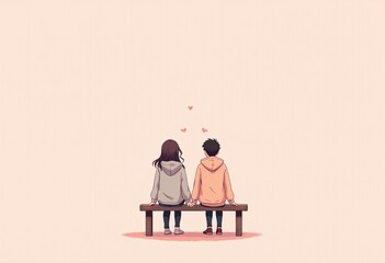Clean Art Style Illustration of Pastel Hoodie Couple: Romantic Back View with Simple Composition