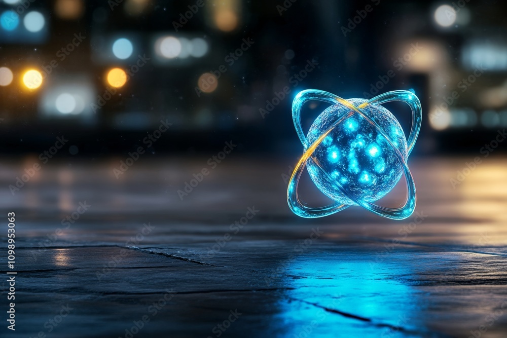 Poster A 3D-rendered atom with glowing electrons orbiting a textured nucleus, floating in a futuristic lab environment