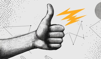 Thumbs Up Hand Gesture Black and White Illustration with Lightning Bolt Abstraction