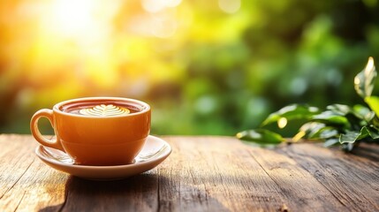 Obraz premium A warm cup of coffee on a wooden table, surrounded by a serene outdoor setting.