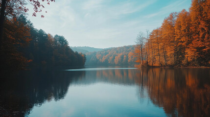 Serene autumn landscape with vibrant trees reflecting on calm water