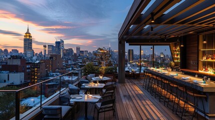 Diners Enjoy Scenic Views at a Chic Rooftop Restaurant as the City Sparkles Beneath the Sunset