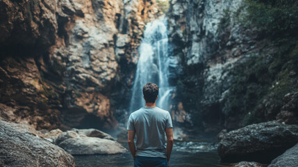 Fototapeta premium Man admires a serene waterfall cascading down rugged rocks in a secluded forest landscape