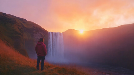 Fototapeta premium Witnessing the sunrise at Seljalandsfoss waterfall in Iceland during a calm morning